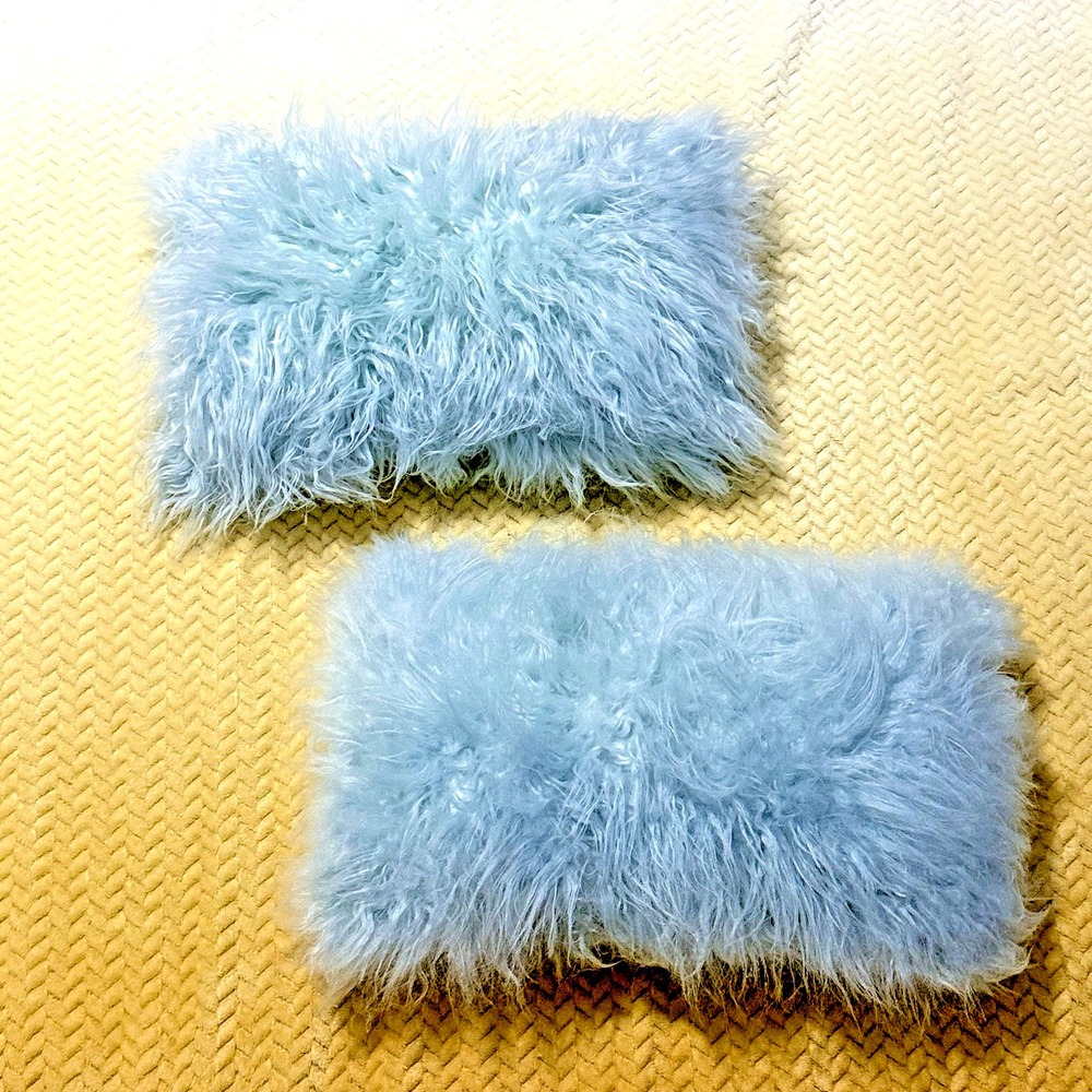 Two Mongolian Faux Fur Lumbar Throw Pillows 12"x20" Light Blue Soft Decorative